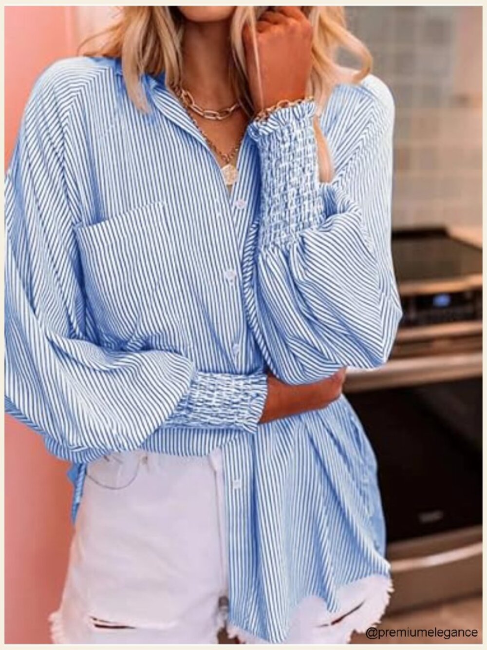 Wrinkle-Resistant Striped Oversized Button Down Blouse - Picture 2 of 6